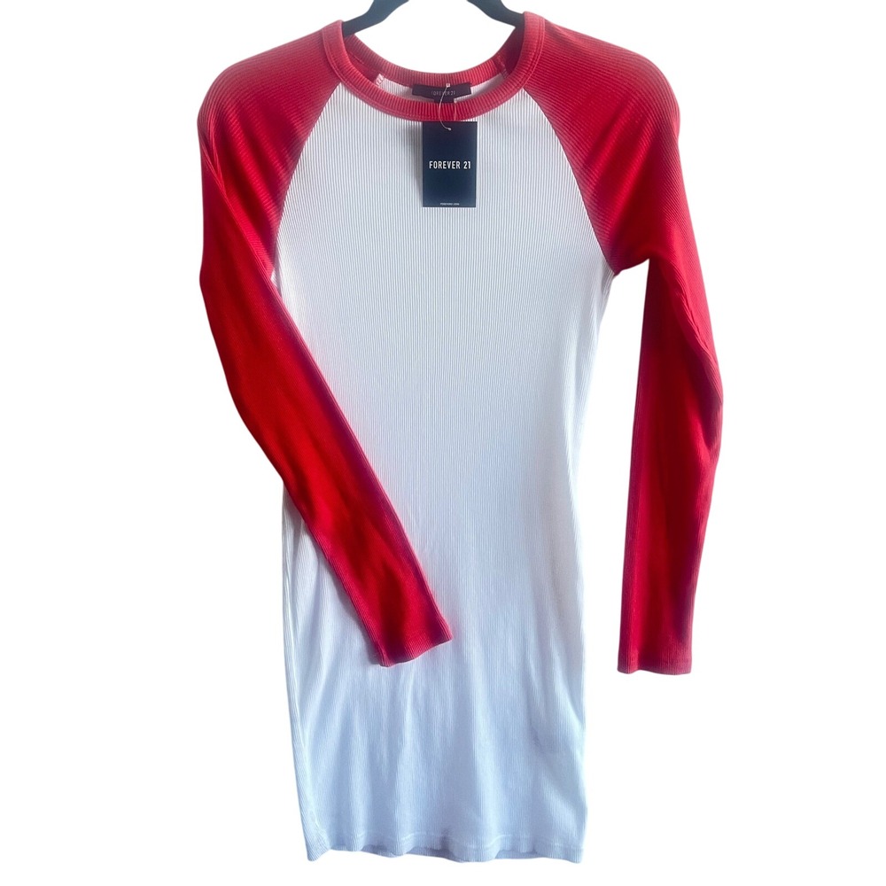 Forever 21 Ribbed Baseball Raglan Long Sleeve Casual Dress-Red & White-Sz M-New